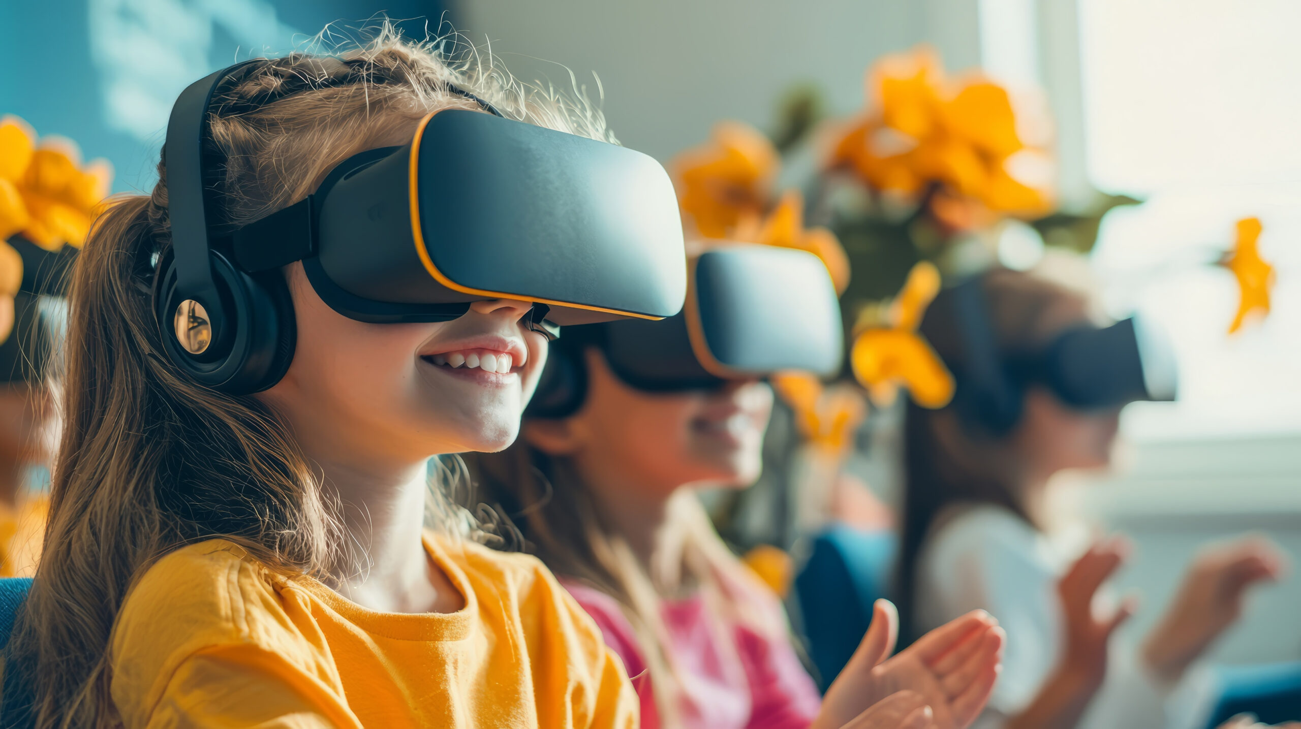 Children in a classroom using VR headsets