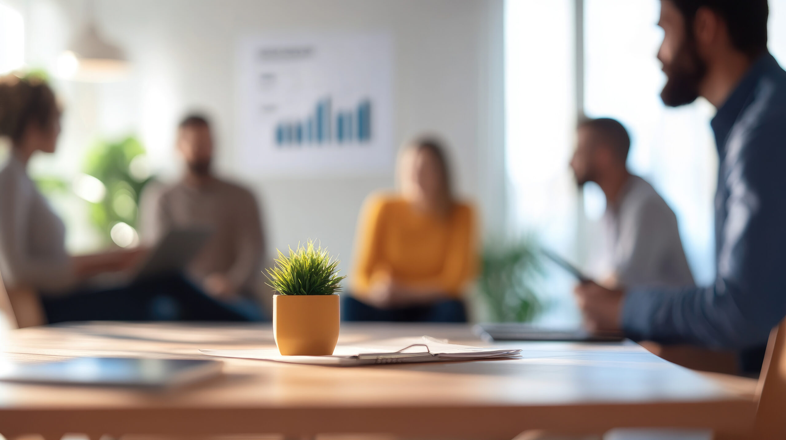 People in a business meeting around a table with a plant on it and paper