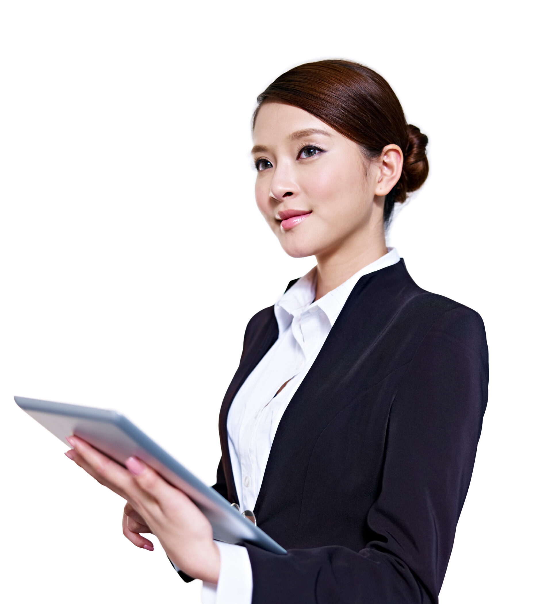 A woman in a suit with an ipad in her hand